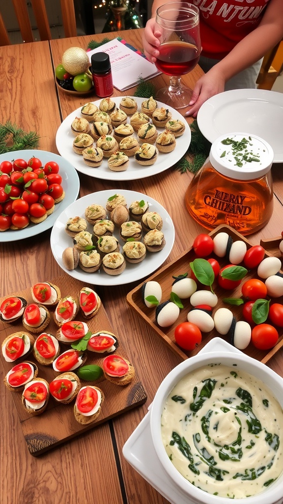 A festive spread of assorted Christmas appetizers including bruschetta, stuffed mushrooms, Caprese skewers, and spinach dip.